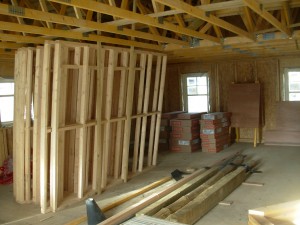 inside view of a new house under construction with timber joists
